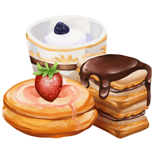 Glass, pannkakor och kakor med chokladglasyr